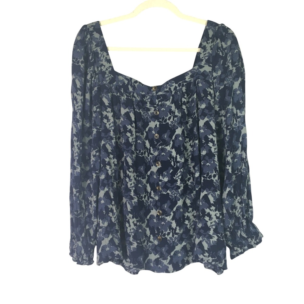 Angels Dark Floral Square Neck Blouse 1X Blue Grey Button Front
